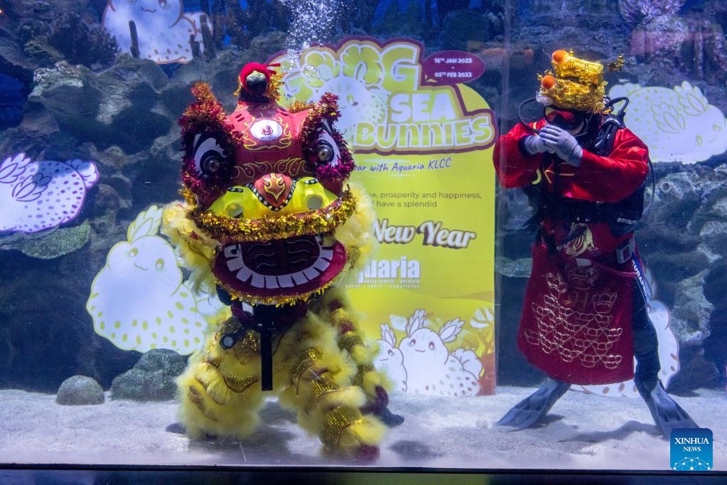 Thợ lặn mặc đồ múa lân và Thần Tài biểu diễn mừng Tết Nguyên đán trong thủy cung Aquaria KLCC ở Kuala Lumpur, Malaysia vào 18.1. Ảnh: Xinhua