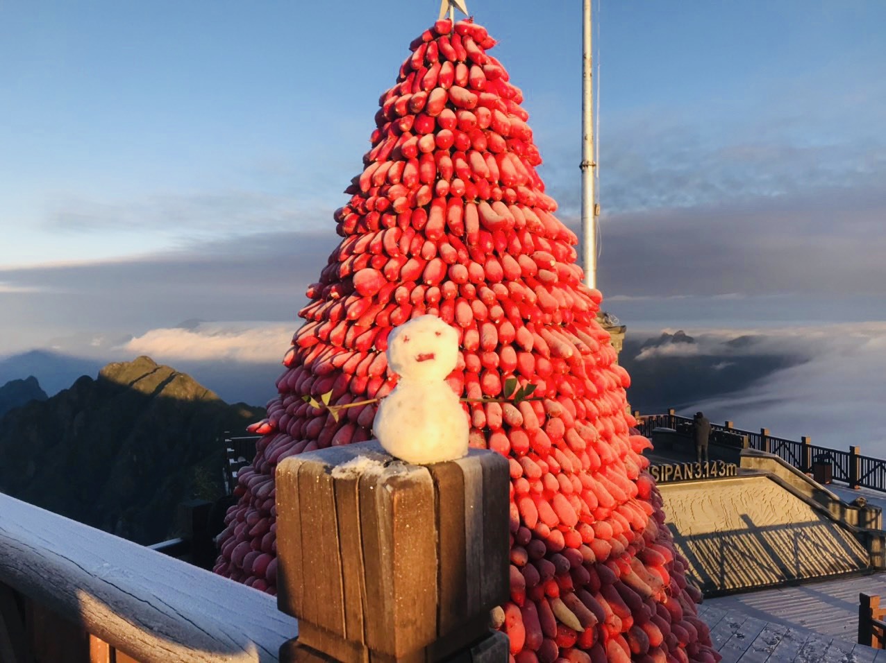Du khách tới đỉnh Fansipan săn băng tuyết dịp này còn có thể tận hưởng không khí Giáng sinh và chào đón năm mới 2022 tại khu du lịch Sun World Fansipan Legend. Nổi bật là cây thông Giáng sinh khổng lồ làm từ 1,5 tấn củ cải đỏ – đặc sản Sa Pa.